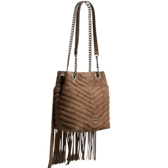 New Rebecca Minkoff Edie Fringe Quilt Suede Crossbody Bag Purse Handbag, Porcini - Picture 3 of 14